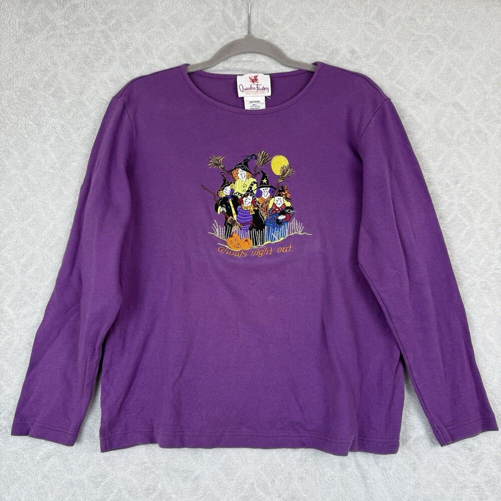 Vtg Quacker Factory Halloween Top Medium Purple Beaded Embroidered Ghouls Witch